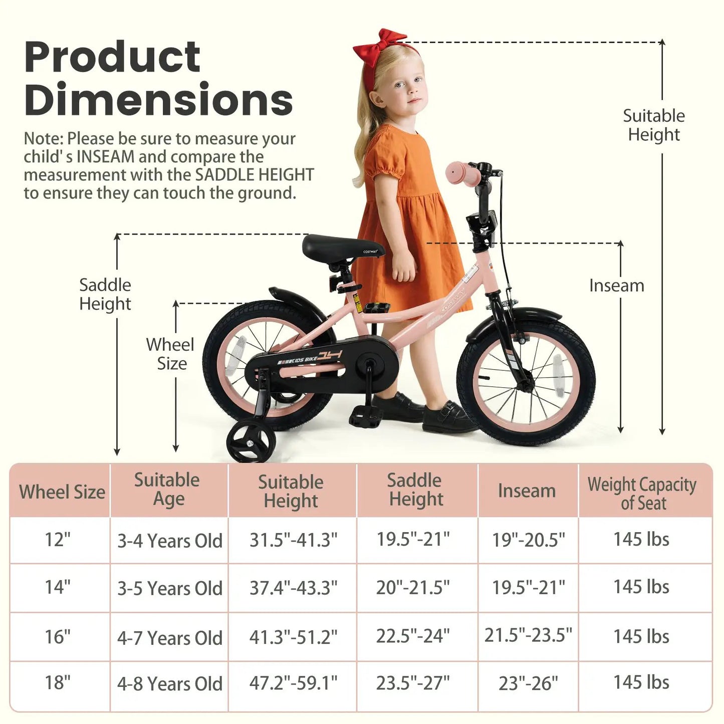 Kids Bike 12-18 Inch With Training Wheels Pink