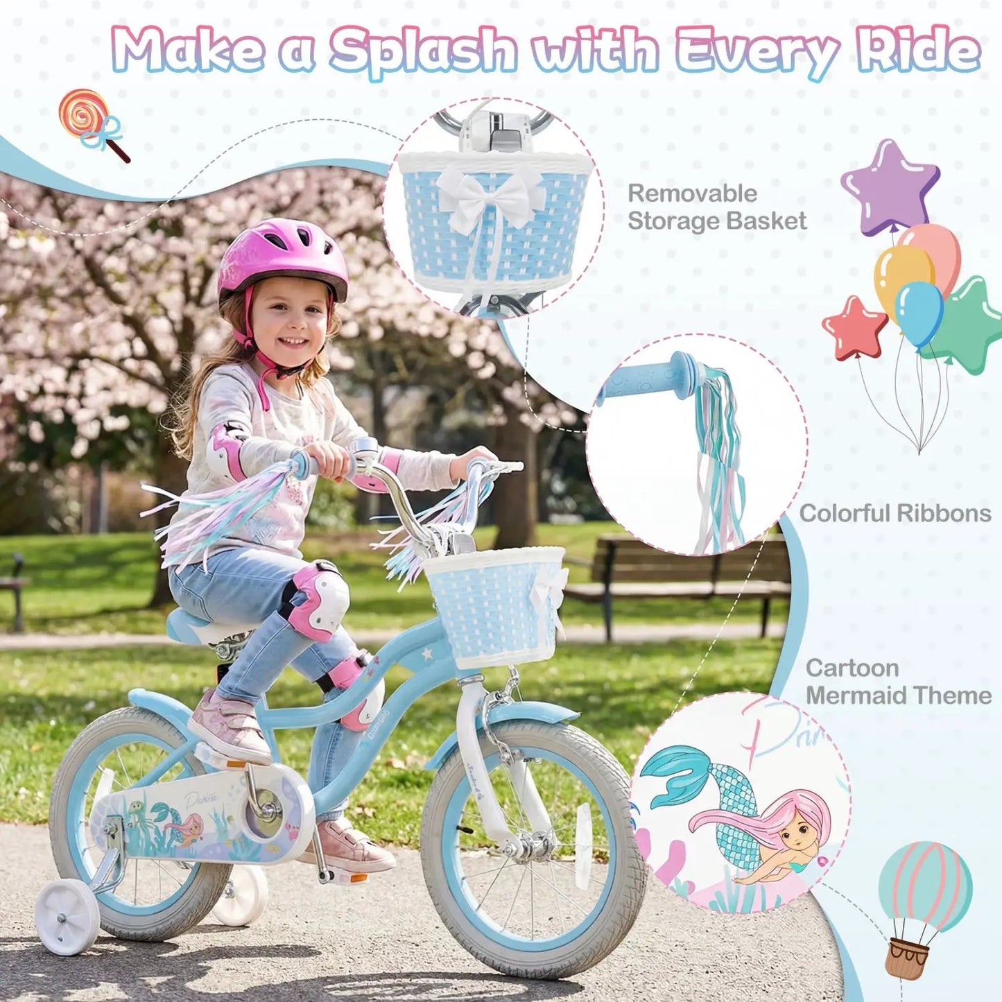 Kids Mermaid Bike 12 to 20 Training Wheels Basket