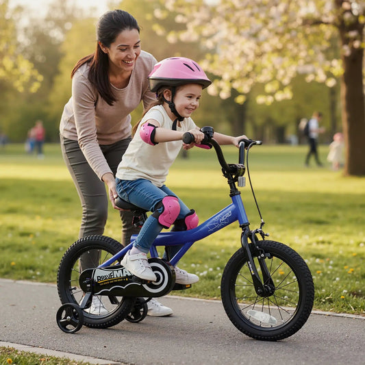 Kids Bike 14-Inch Navy DirectDeals removable training wheels; child rides as caregiver helps on Tampa Home & Garden Store