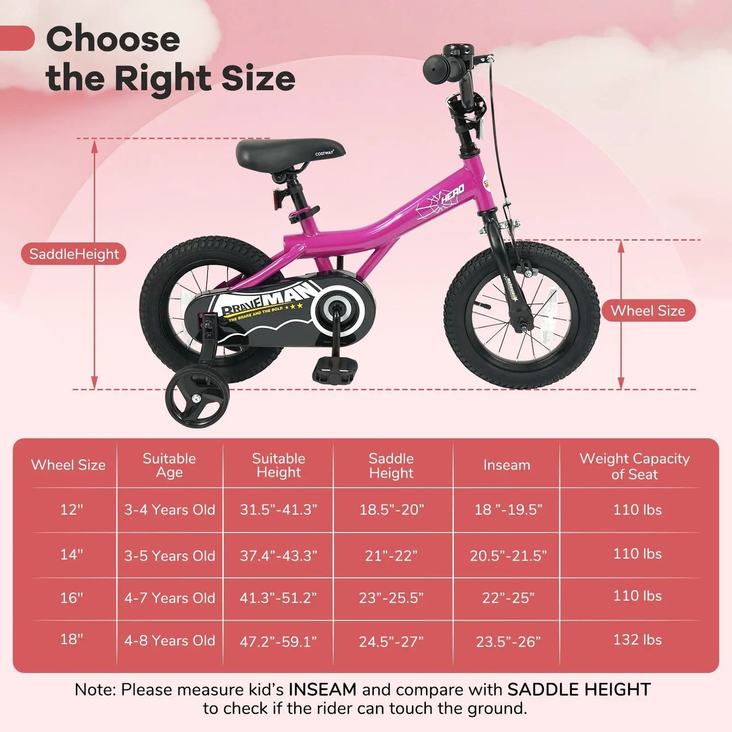 Kids Bike 14-Inch with Training Wheels Pink