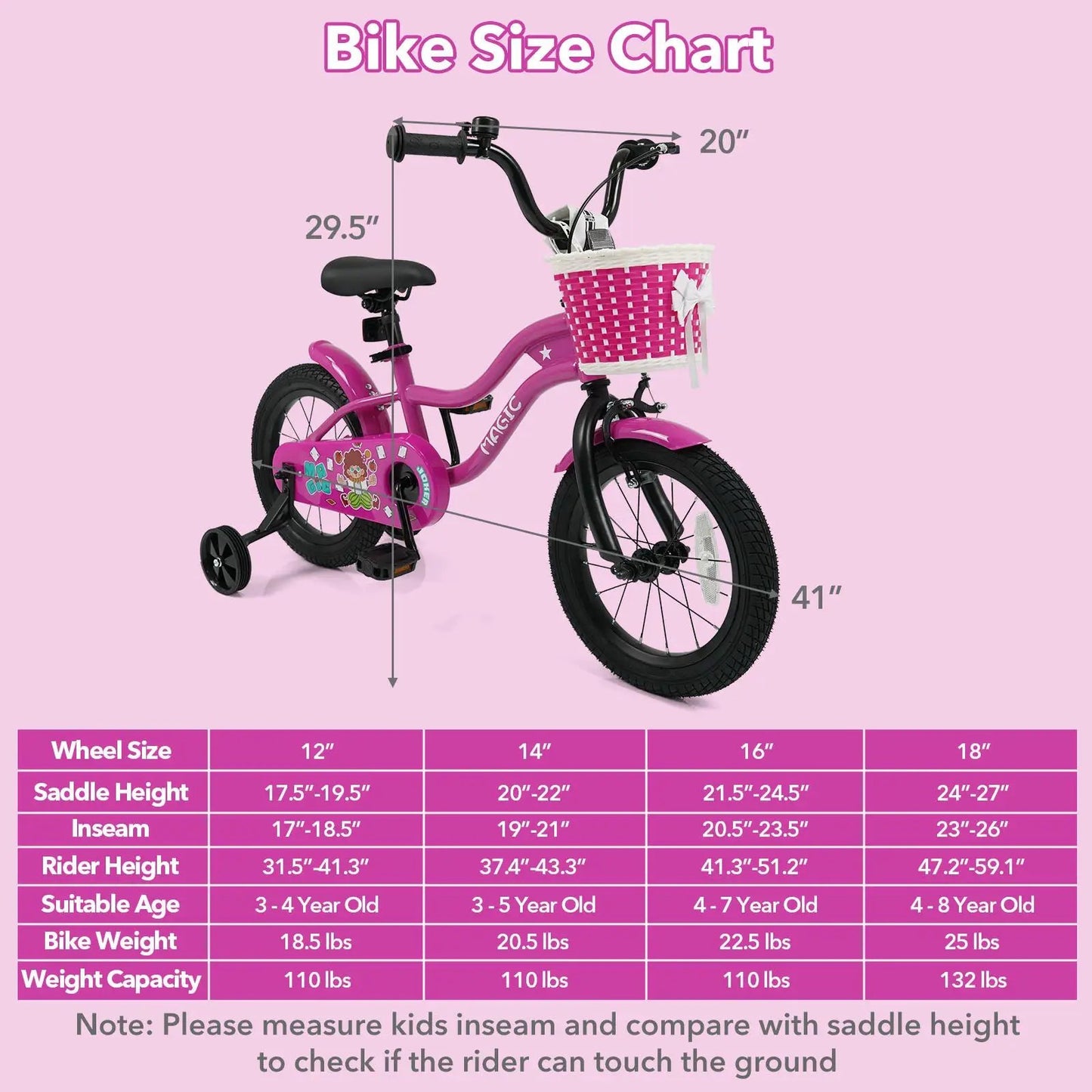 Kids Bike With Training Wheels 12 to 18 Inch Rose