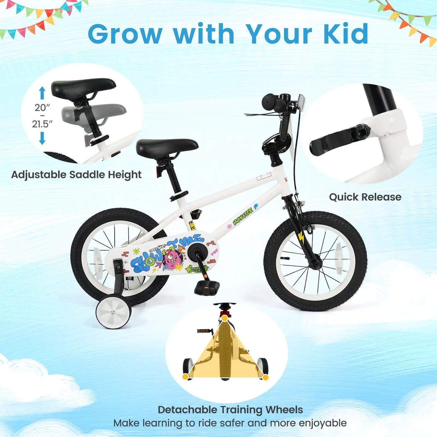 Kids Bike with Training Wheels 12 to 18 White