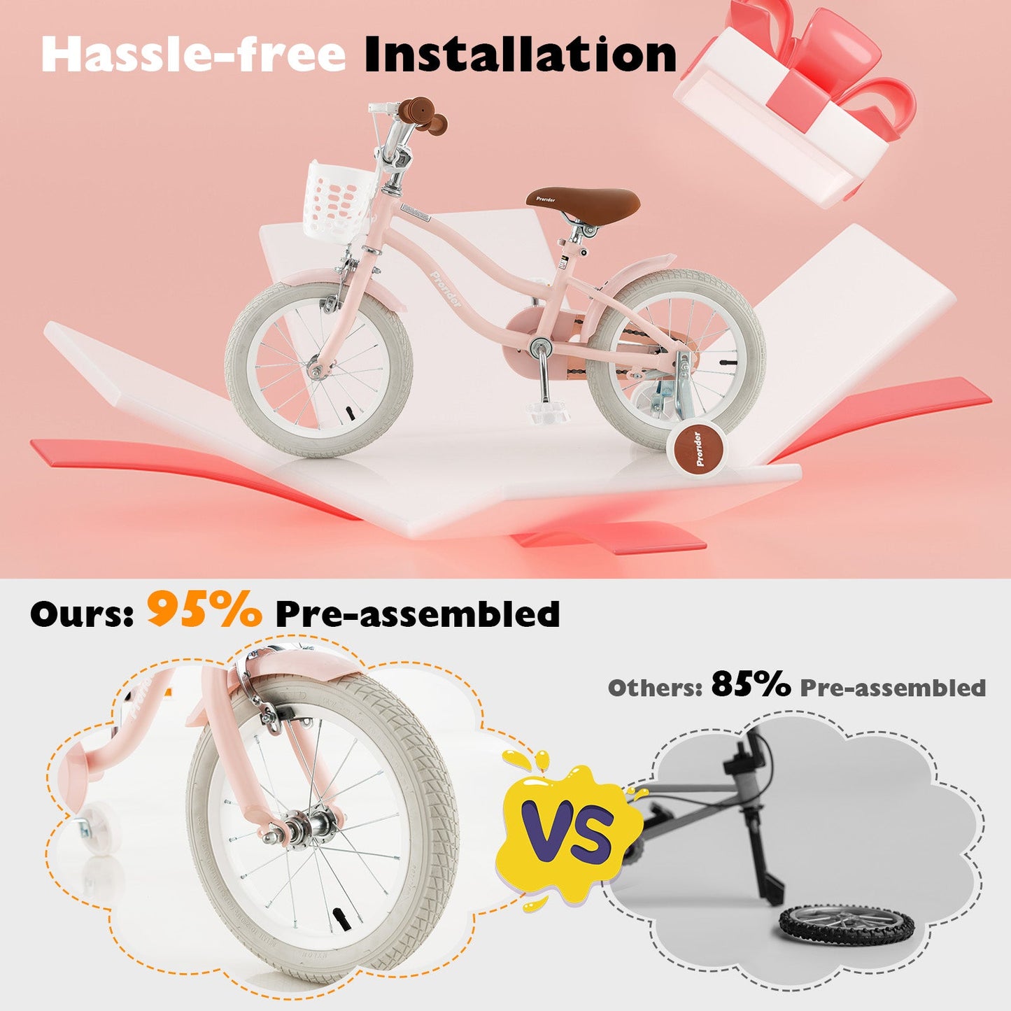 14 Inch Kid's Bike with Removable Training Wheels and Basket-Pink