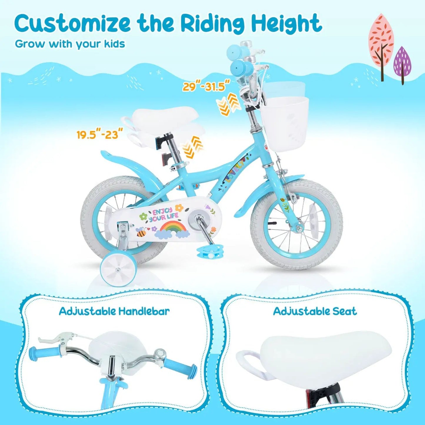 Girls Bike 12-18 Inches Training Wheels Basket