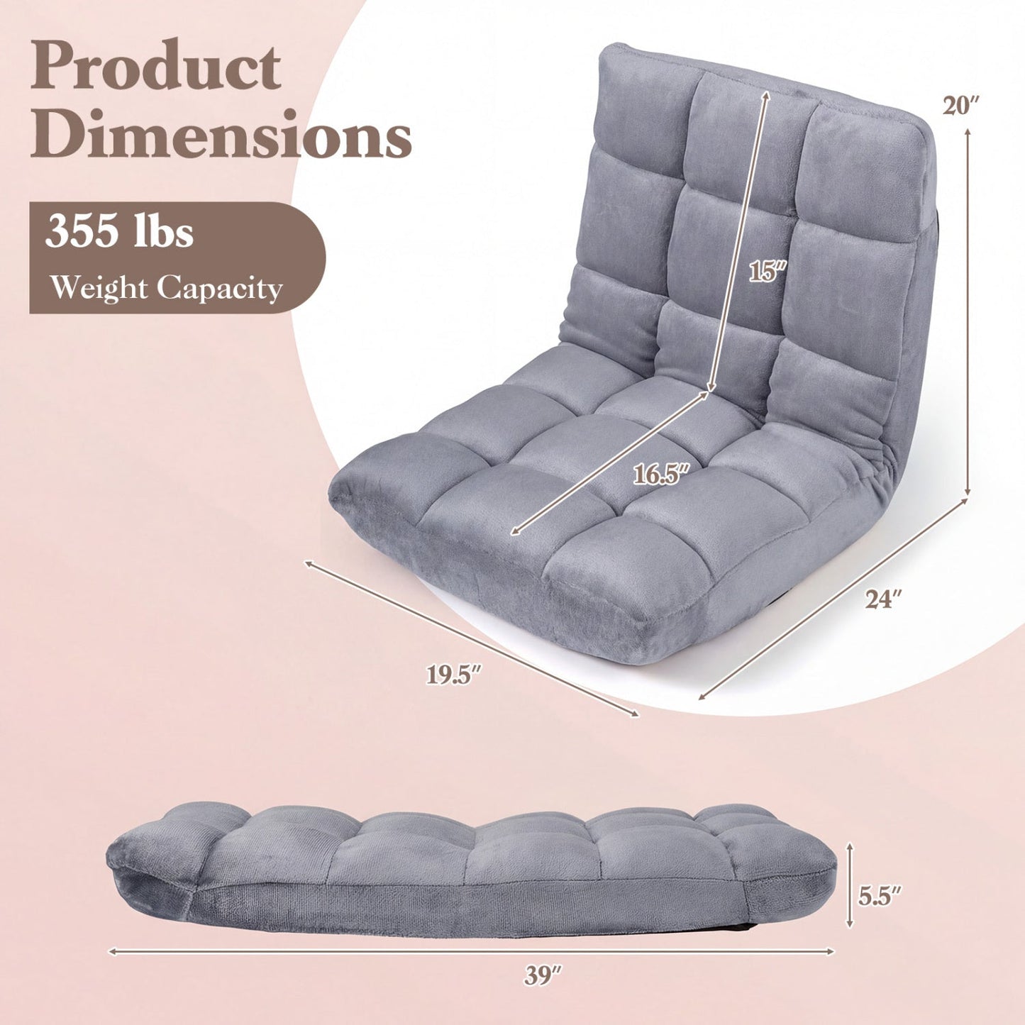 Adjustable 14-position Cushioned Floor Chair-Coffee
