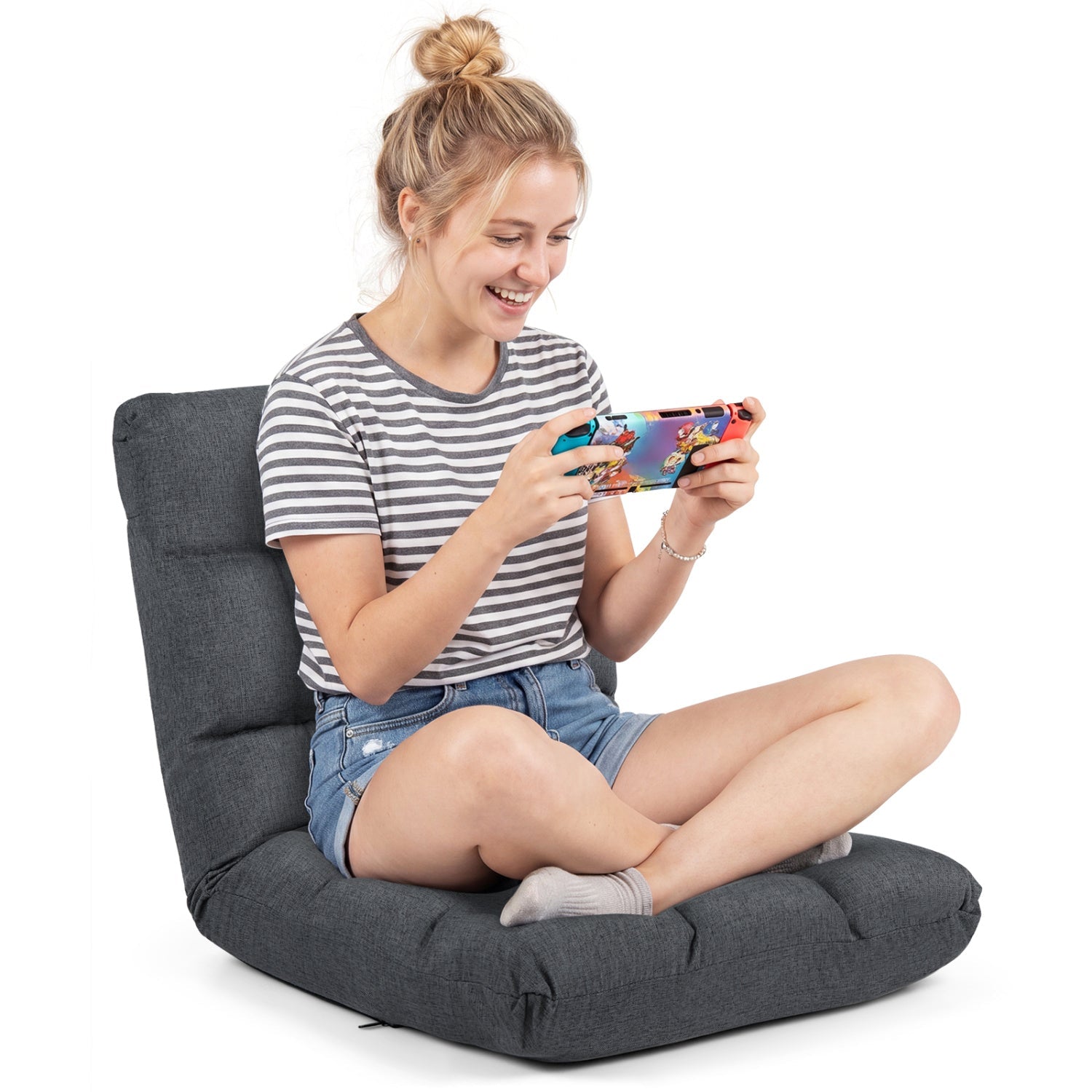 DirectDeals gray floor chair with back support, 14-pos adjustable, person gaming in striped tee on Tampa Home & Garden Store