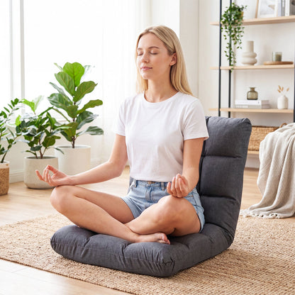 Floor chair in gray with back support, 14-position adjustable by DirectDeals, meditating woman on Tampa Home & Garden Store