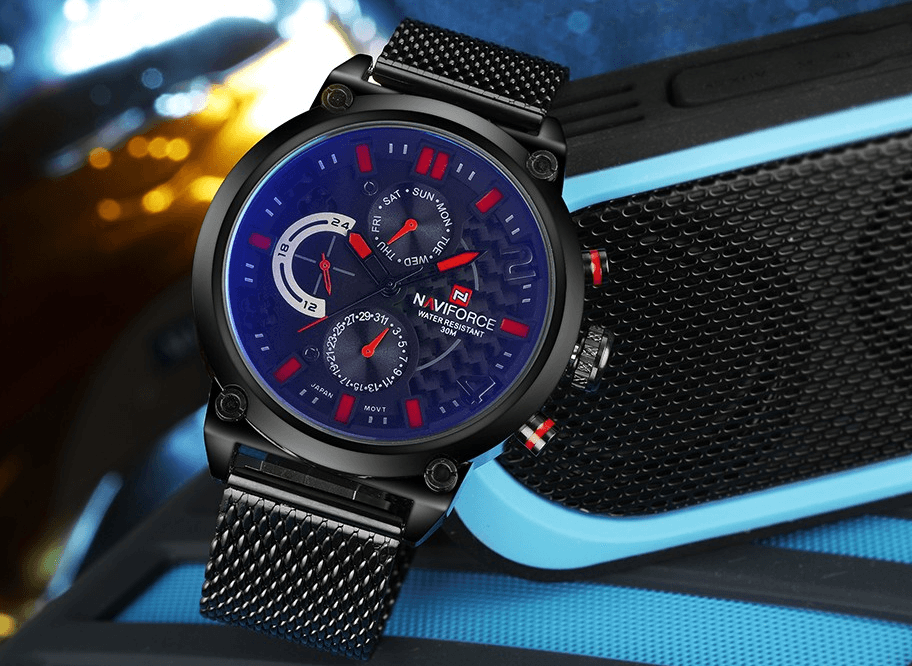 Stevvex men's multifunction analog quartz watch with blue dial and stainless steel mesh band on Tampa Home & Garden Store