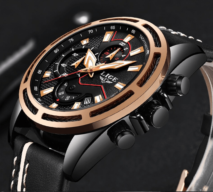 Waterproof men's sports watch with black dial, rose-gold bezel, leather strap and LIGE logo on Tampa Home & Garden Store