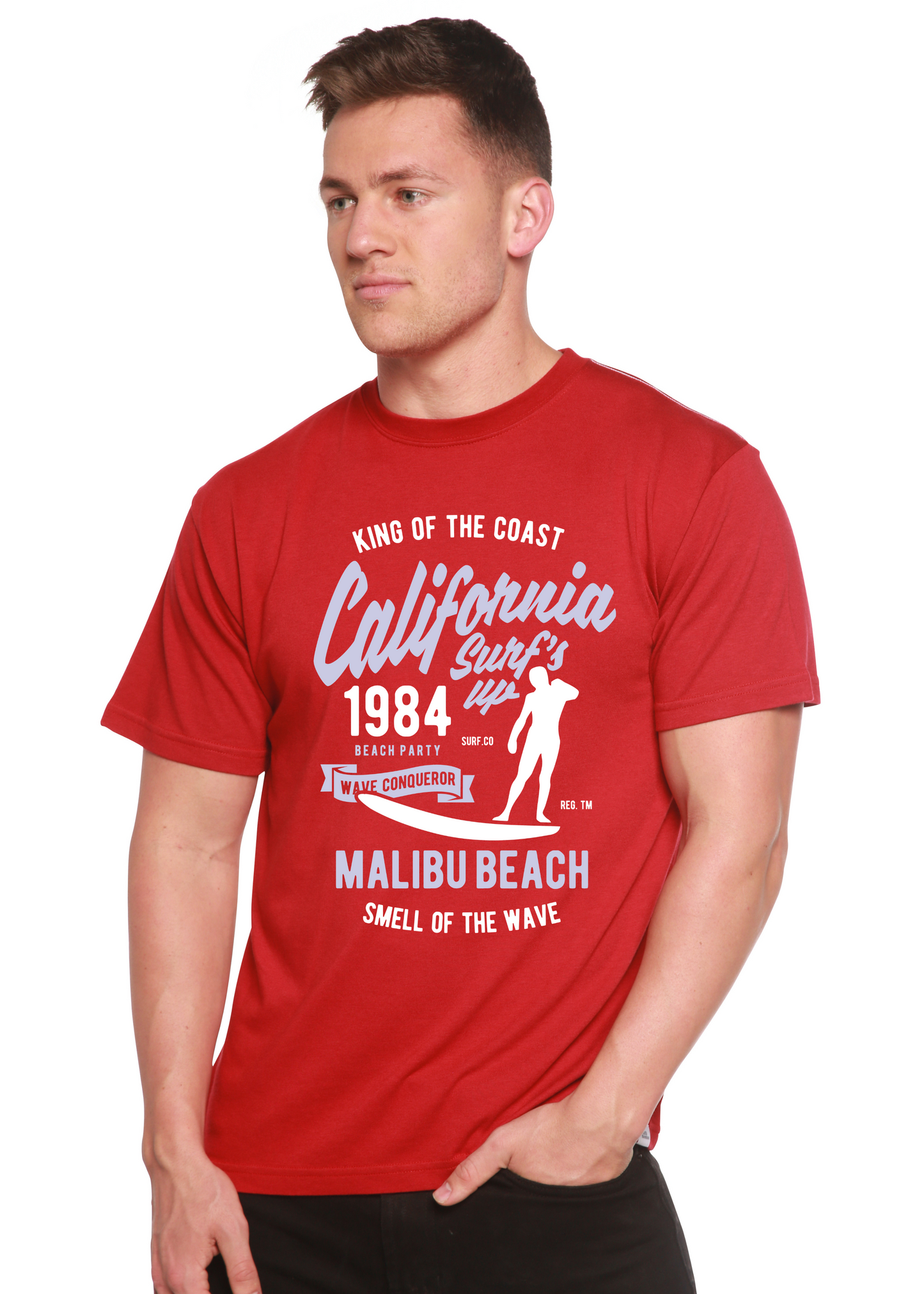 Red Spun Bamboo men's short sleeve graphic T-shirt with California 1984 surf print on Tampa Home & Garden Store
