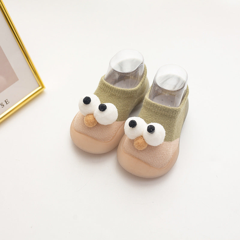 Stevvex infant anti-slip shoes with cotton socks, green and peach, cartoon eye accents, 1 pair on Tampa Home & Garden Store