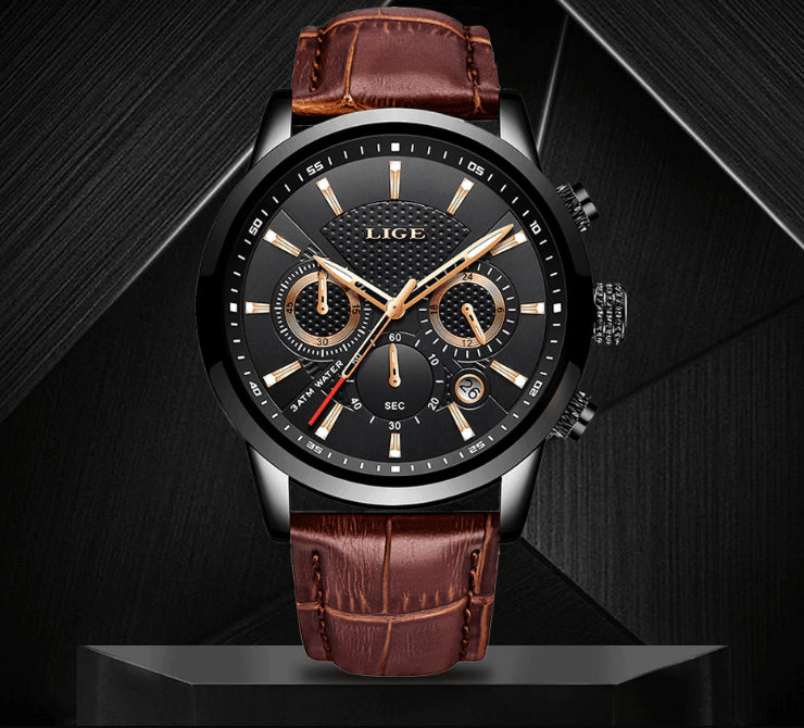 Men's waterproof chronograph watch with black dial, LIGE branding, and brown leather strap on Tampa Home & Garden Store