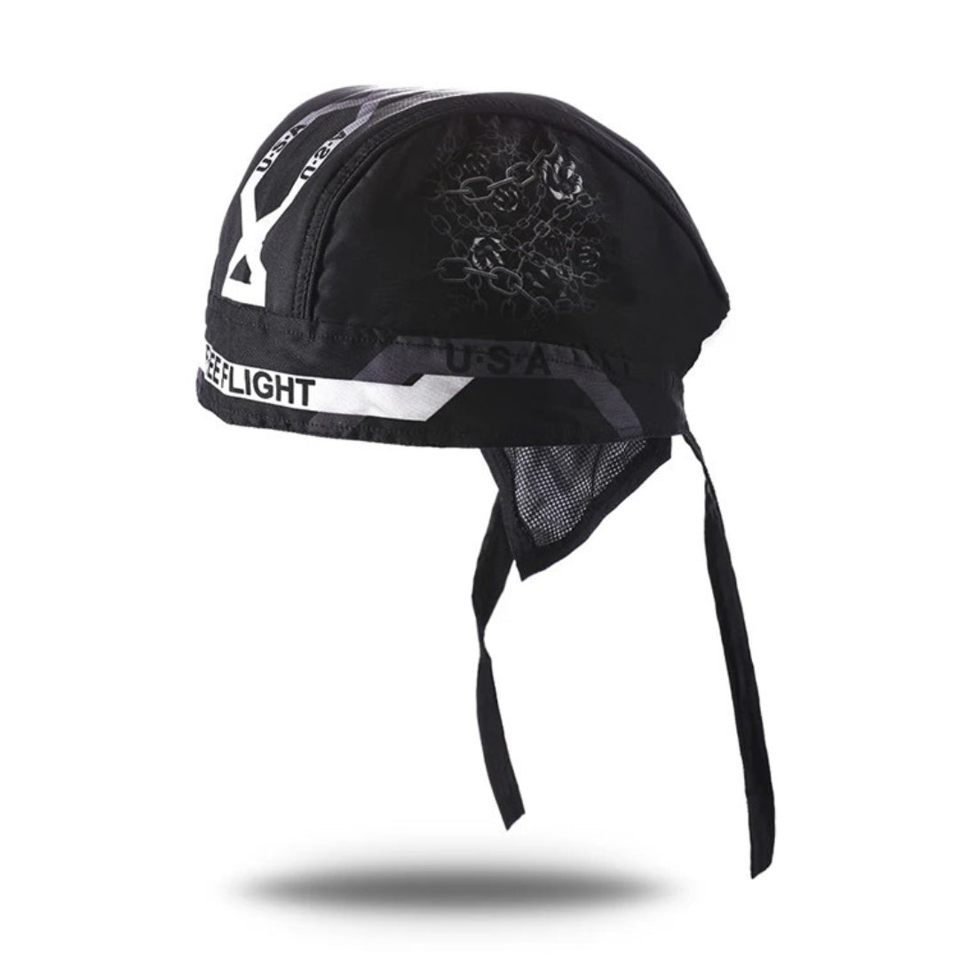 Motorcycle helmet balaclava black with white stripes, mesh ear panel, adjustable chin ties on Tampa Home & Garden Store