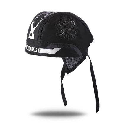 Motorcycle helmet balaclava black with white stripes, mesh ear panel, adjustable chin ties on Tampa Home & Garden Store