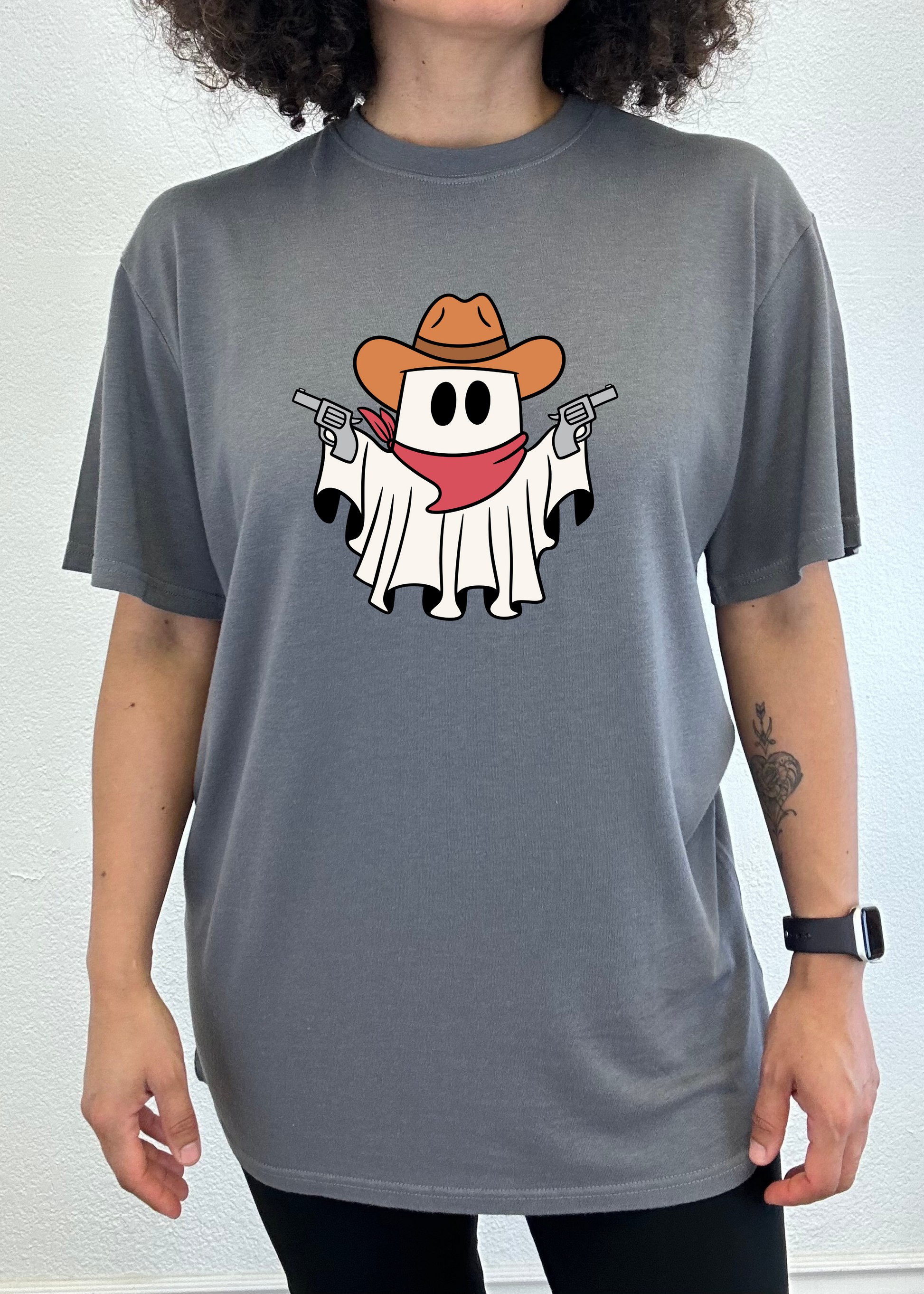 Cowboy Ghost unisex T-shirt in gray bamboo viscose/cotton with ghost hat and guns by Spun Bamboo on Tampa Home & Garden Store