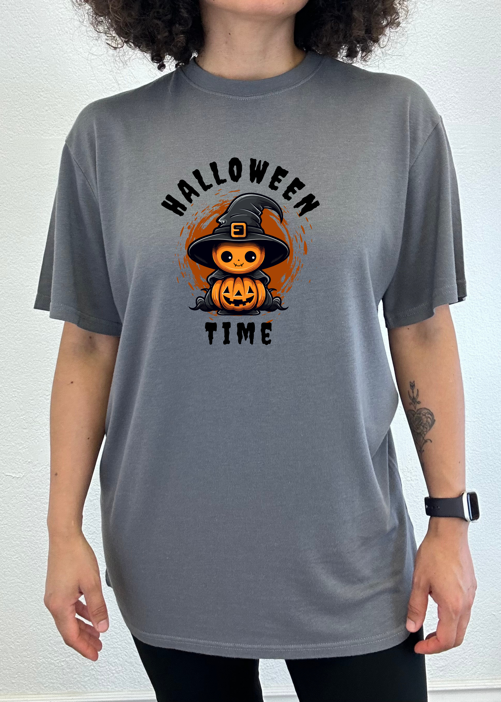 Halloween Time unisex gray graphic tee by Spun Bamboo with pumpkin wearing a witch hat on Tampa Home & Garden Store