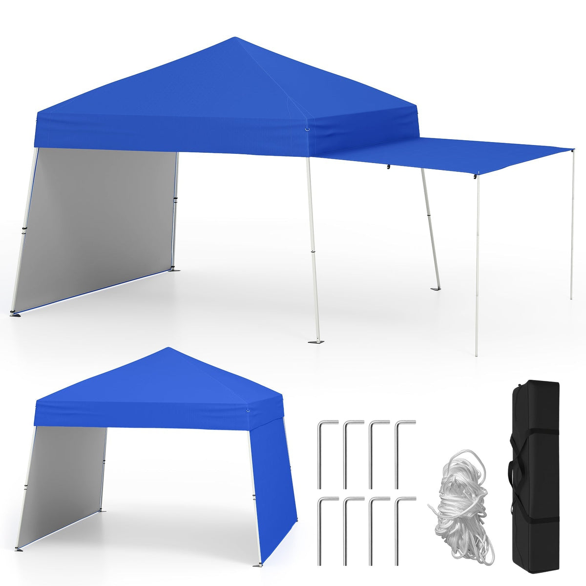 14x9.2 ft pop up canopy tent by GemGear with blue cover, convertible sidewalls to awning, stakes on Tampa Home & Garden Store