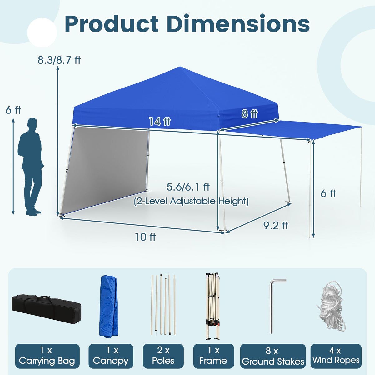 GemGear 14 x 9.2 ft pop up canopy with 2 sidewalls blue canopy over metal frame with stakes on Tampa Home & Garden Store