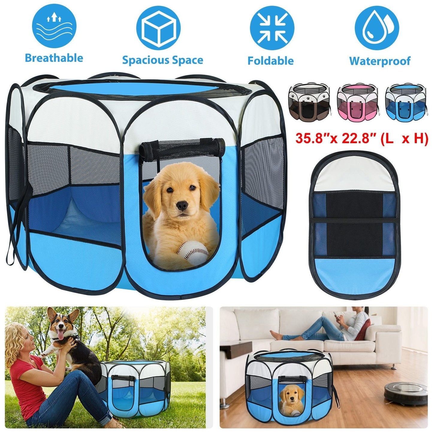 GemGear portable foldable pet tent exercise pen with blue white walls and zip door on Tampa Home & Garden Store
