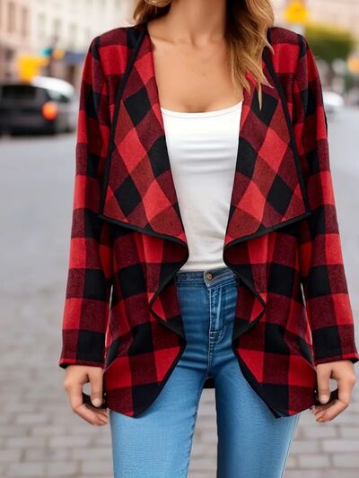 Stevvex plaid open-front jacket in red and black, lightweight breathable outerwear on Tampa Home & Garden Store