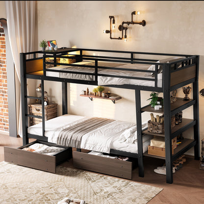 Twin over twin metal bunk bed in black with under-bed storage drawers and open shelves on Tampa Home & Garden Store