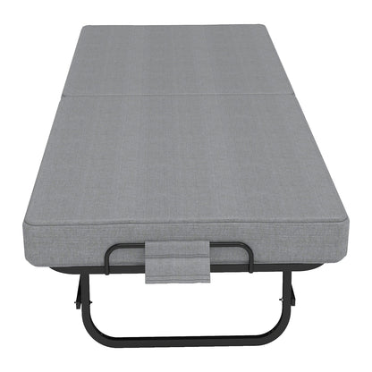 75-inch folding bed with memory foam mattress in grey fabric on metal frame on Tampa Home & Garden Store