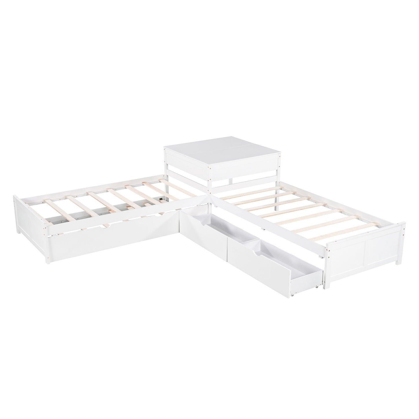L Shaped Platform Bed with Trundle and Desk, white finish, HouseOfZazla drawers on Tampa Home & Garden Store
