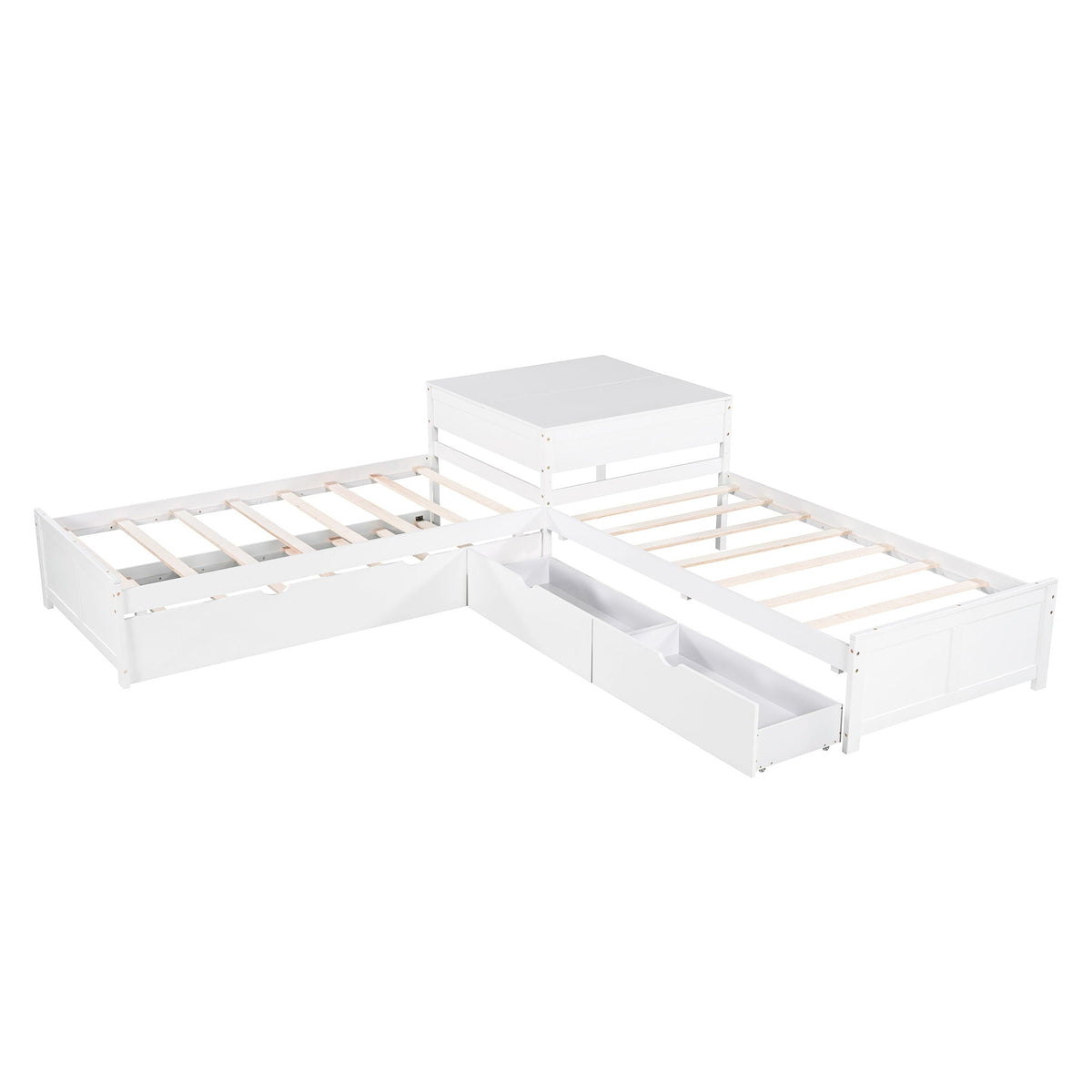 L Shaped Platform Bed with Trundle and Desk, white finish, HouseOfZazla drawers on Tampa Home & Garden Store