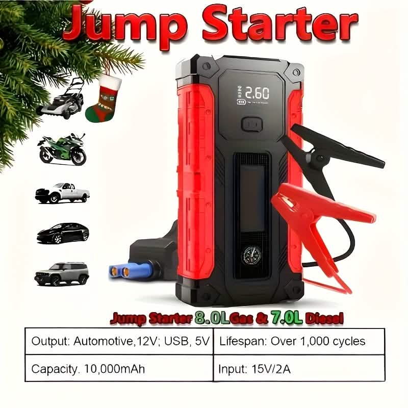 Portable 12V car jump starter with LED display, USB charger, air pump, red DailySale unit on Tampa Home & Garden Store