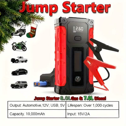 Portable 12V car jump starter with LED display, USB charger, air pump, red DailySale unit on Tampa Home & Garden Store
