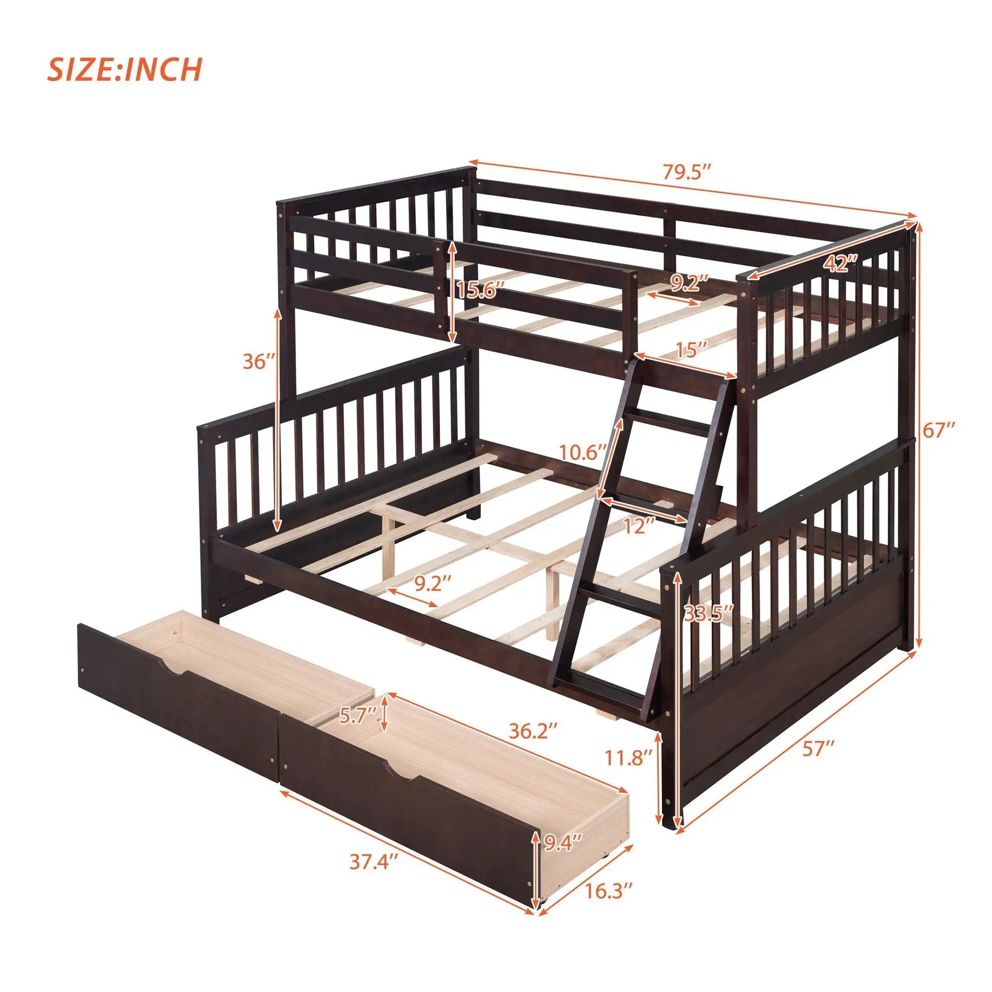 Bunk Bed With Ladders And 2 Storage Drawers, dark brown wood, by Unique Piece Furniture on Tampa Home & Garden Store
