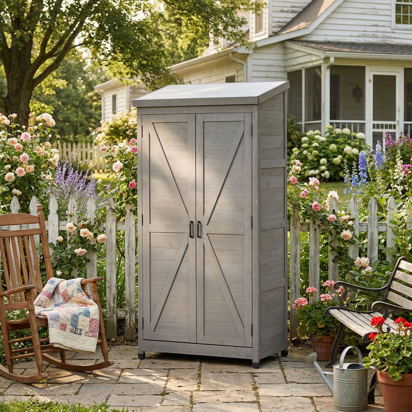 Outdoor Shed With Vertical Tool Cabinet and Shelf