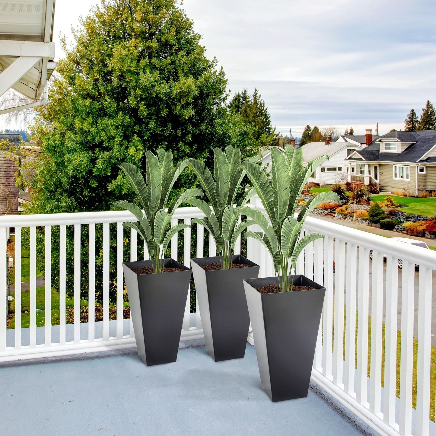 Outsunny outdoor planters set of 3 tapered dark faux-wood plastic pots with drainage holes on Tampa Home & Garden Store