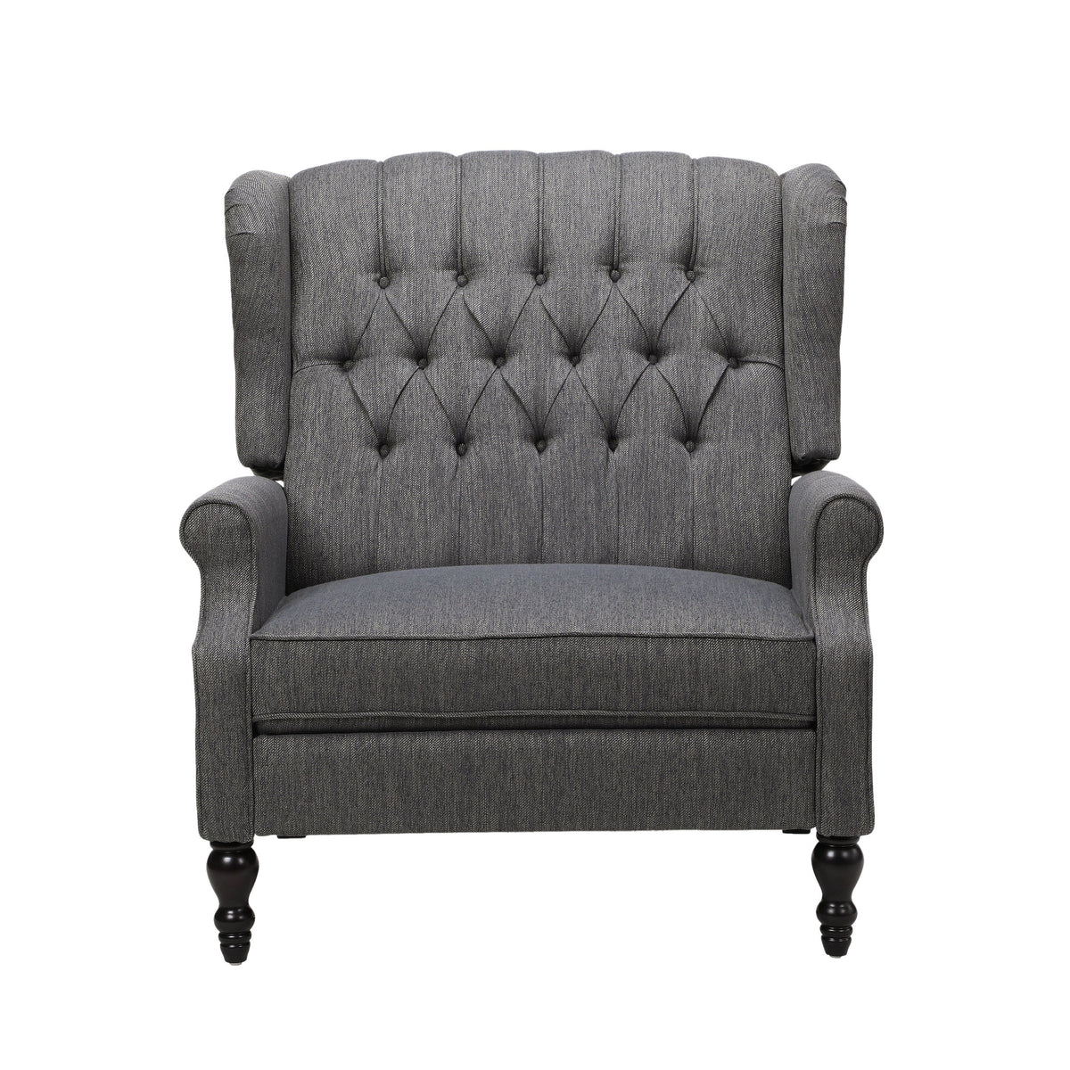 Oversized tufted wingback fabric recliner by HouseOfZazla gray upholstery with dark wood legs on Tampa Home & Garden Store