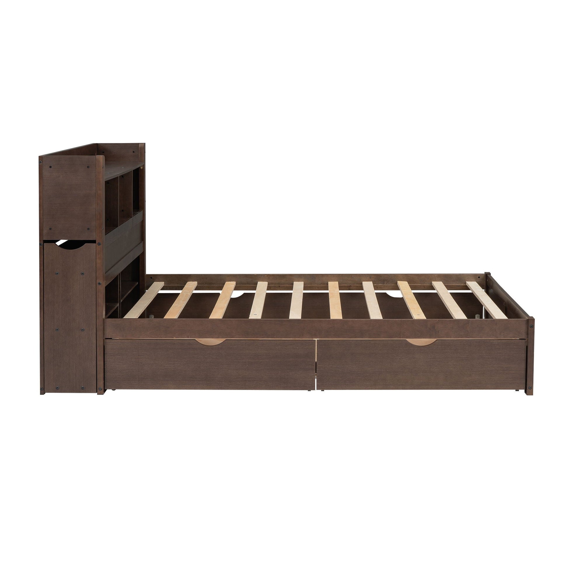 Storage platform bed with pull-out shelves and two drawers in dark brown wood by HouseOfZazla on Tampa Home & Garden Store