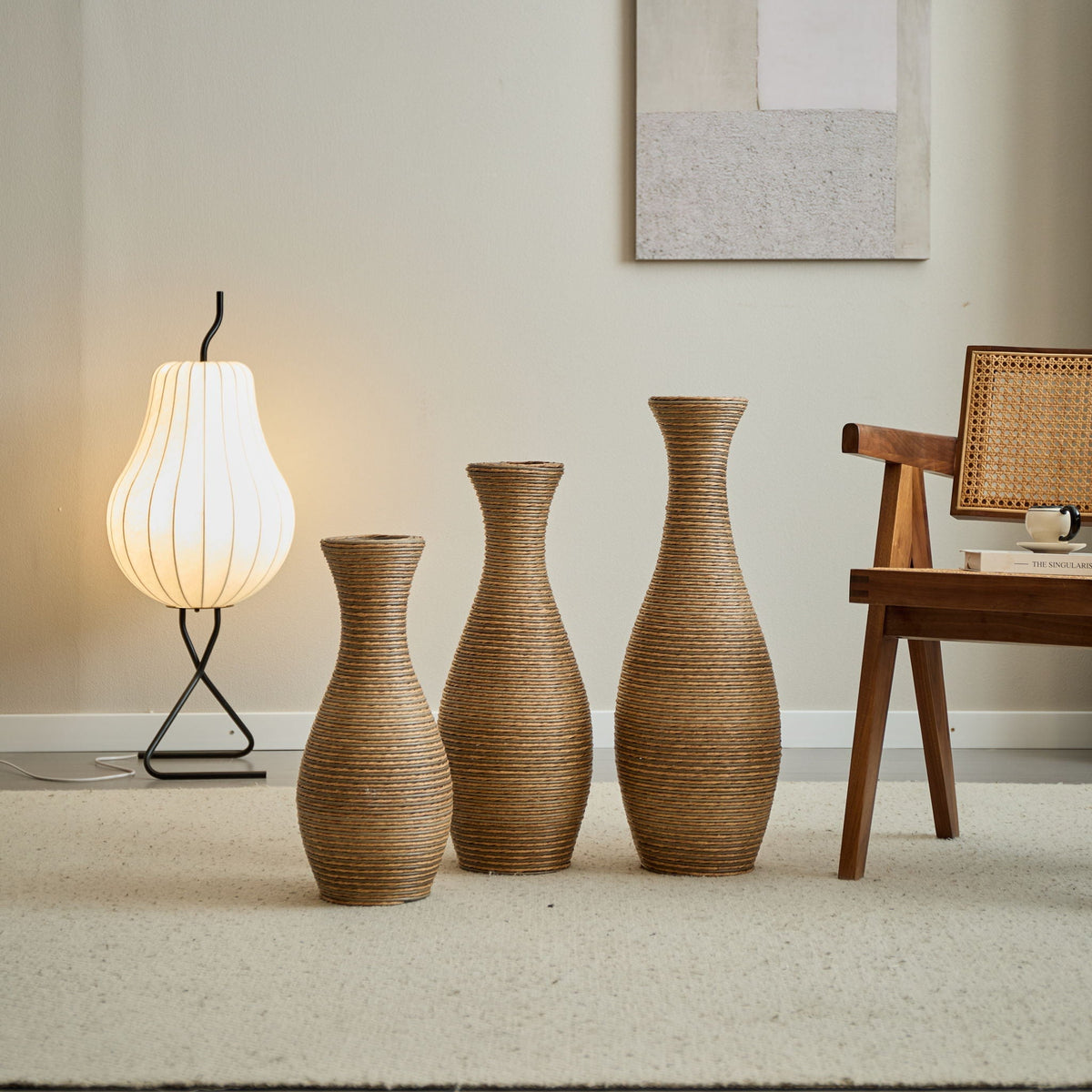 Artificial rattan floor vase set, five beige woven vases in varied heights on Tampa Home & Garden Store