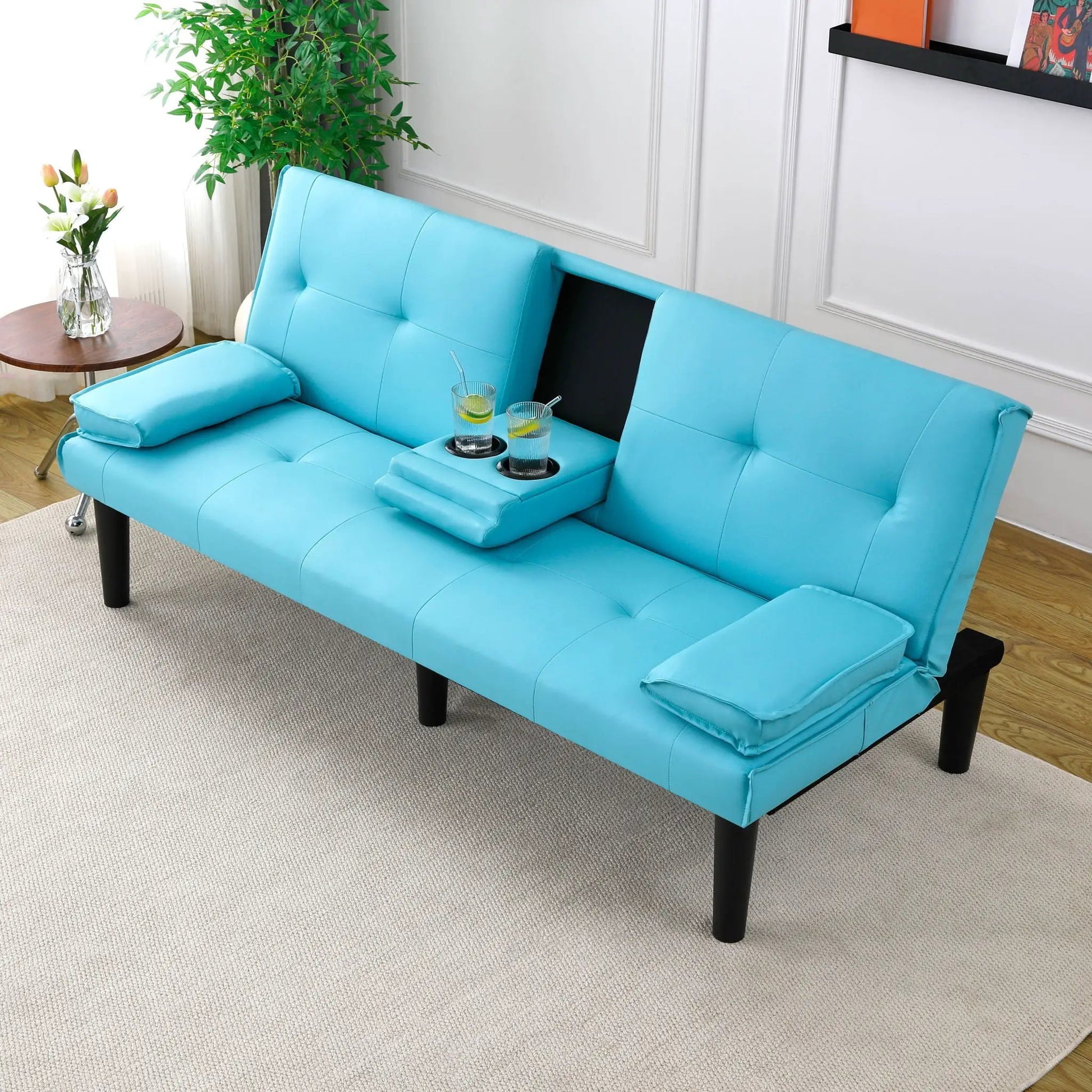 Sofa bed futon with foldable design and cup holders, turquoise upholstery on Tampa Home & Garden Store