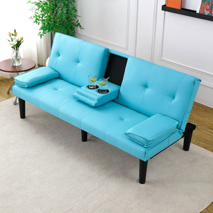 Sofa bed futon with foldable design and cup holders, turquoise upholstery on Tampa Home & Garden Store