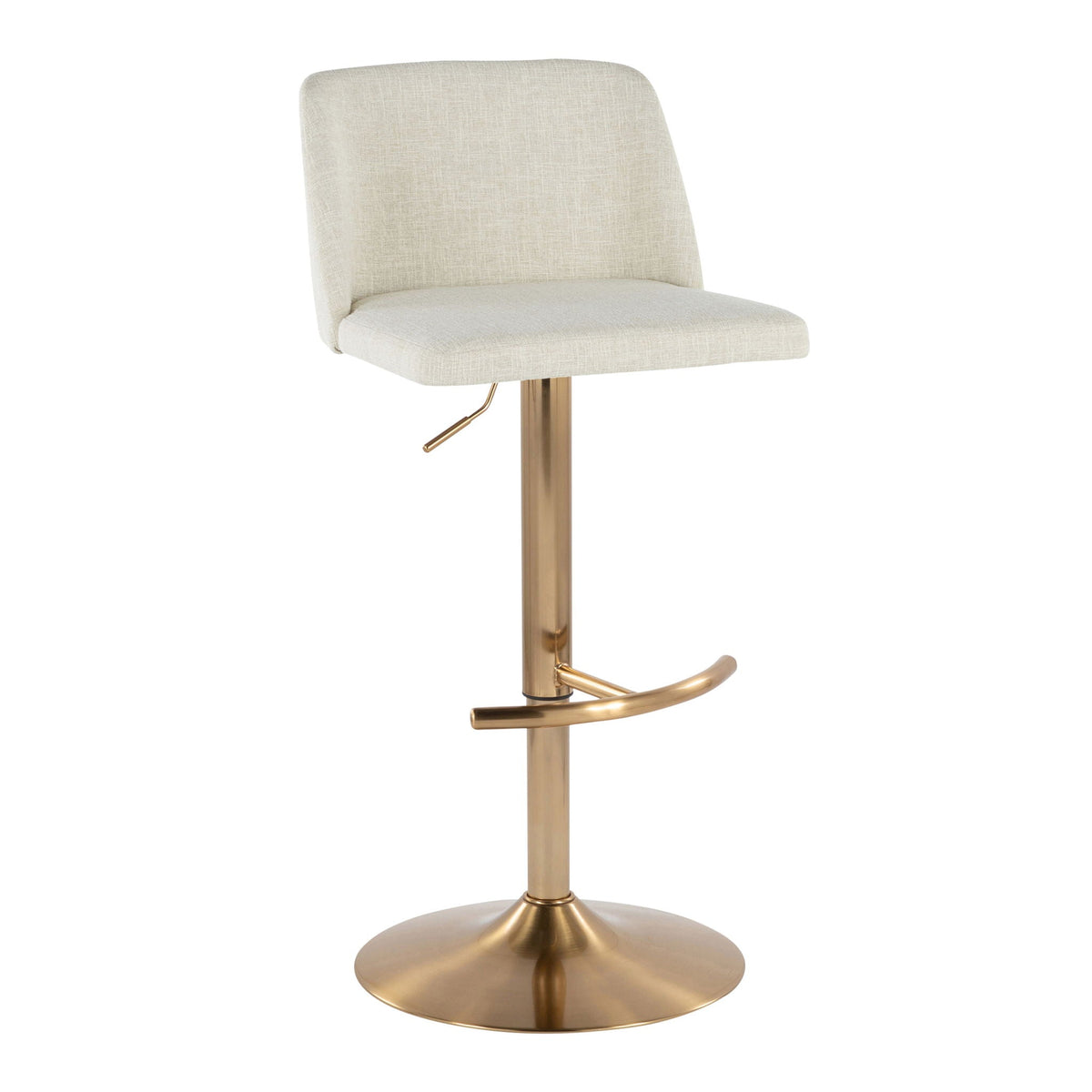 Contemporary adjustable swivel barstool with beige upholstered seat and round gold pedestal base on Tampa Home & Garden Store