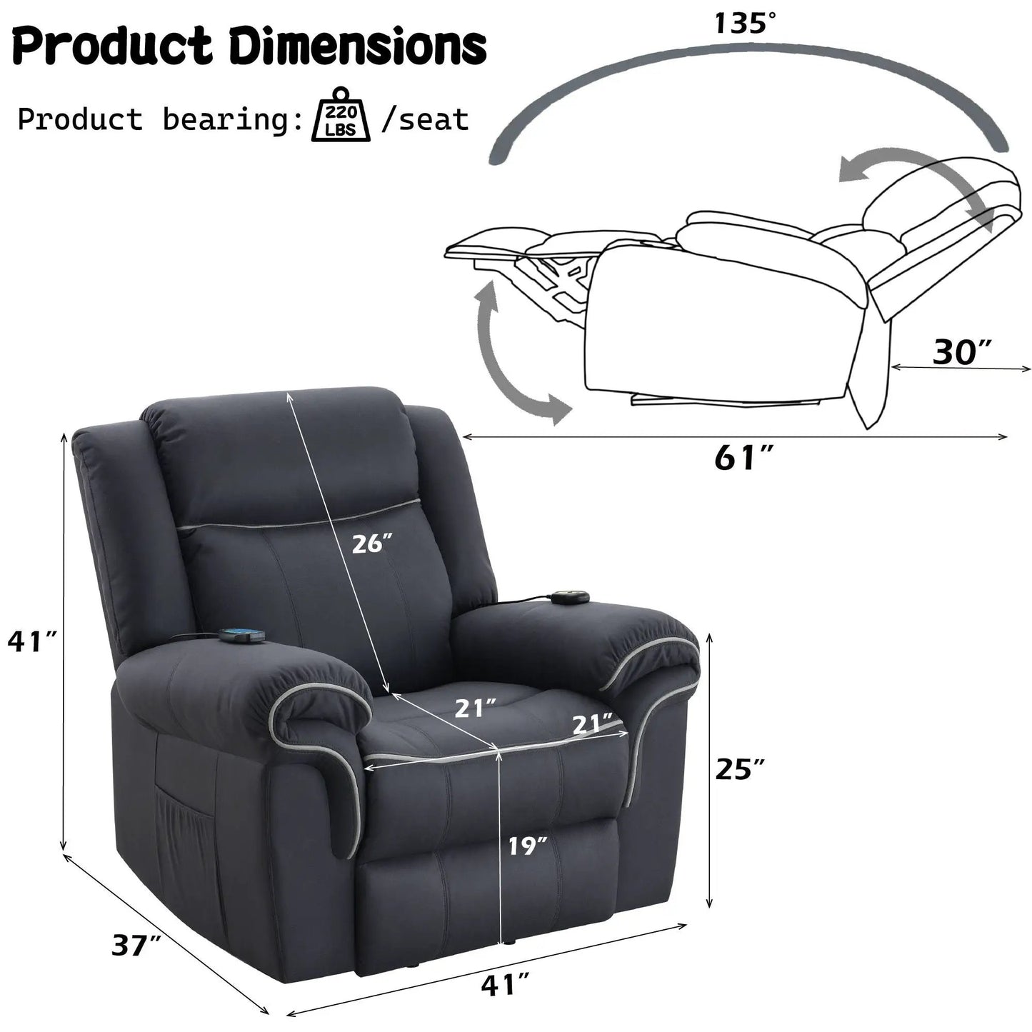 Domana dark blue microfiber power lift massage recliner by Unique Piece Furniture with heating on Tampa Home & Garden Store
