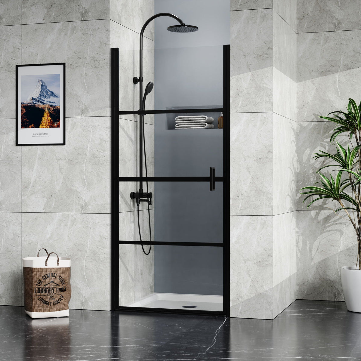 Centered drain shower pan with 3-side tile flanges in white inside a glass shower on Tampa Home & Garden Store