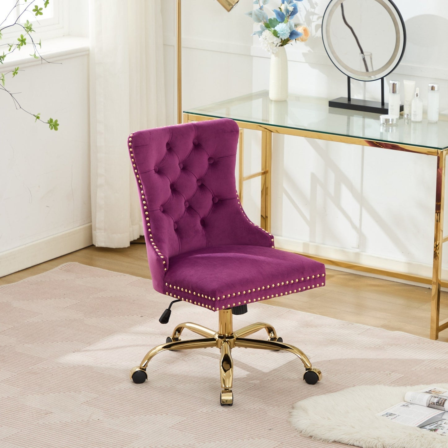 Office chair in purple velvet tufted upholstery with button details and a gold metal base on casters on Tampa Home & Garden Store