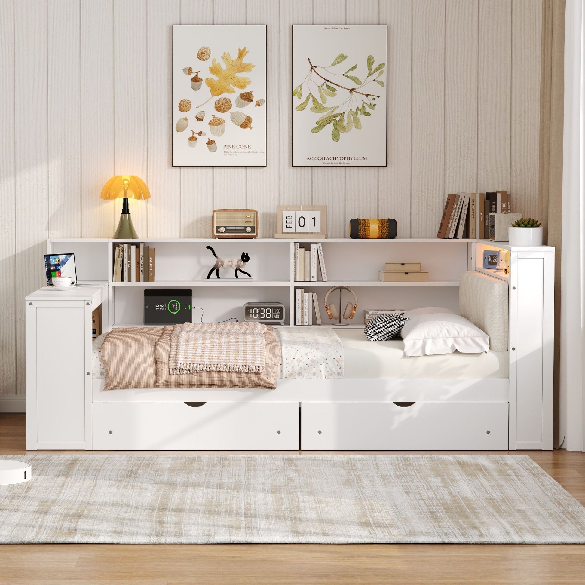 Platform bed with storage shelves, drawers, charging station, LED desk, white finish on Tampa Home & Garden Store