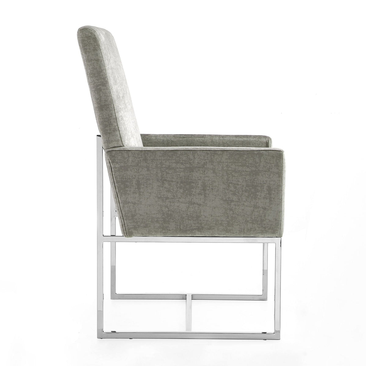 Element Dining Arm Chair by HouseOfZazla with gray velvet upholstery and chrome metal frame on Tampa Home & Garden Store