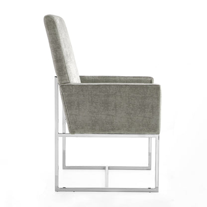 Element Dining Arm Chair by HouseOfZazla with gray velvet upholstery and chrome metal frame on Tampa Home & Garden Store
