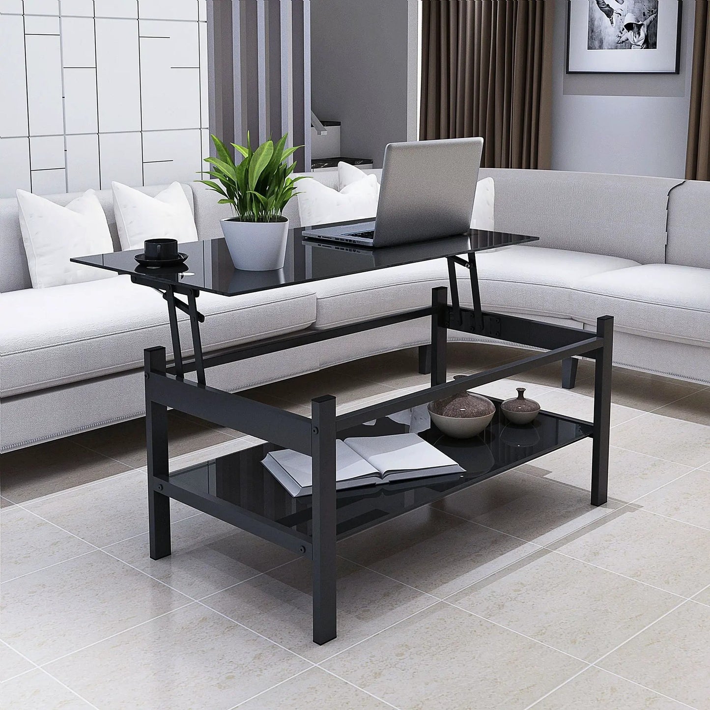 Glass Lift Top Coffee Table for Living Room Black