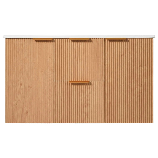 Modern wall-mounted vanity in natural wood with vertical grooves and white countertop on Tampa Home & Garden Store