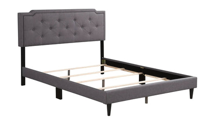 Button tufted upholstered bed with gray fabric headboard and black legs on Tampa Home & Garden Store