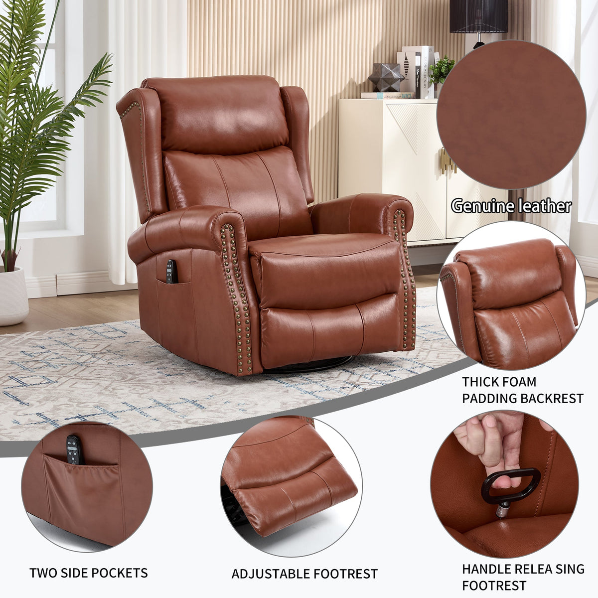 Heat Massage Manual Recliner Chair with Rocker and Swivel in brown leather by HouseOfZazla on Tampa Home & Garden Store