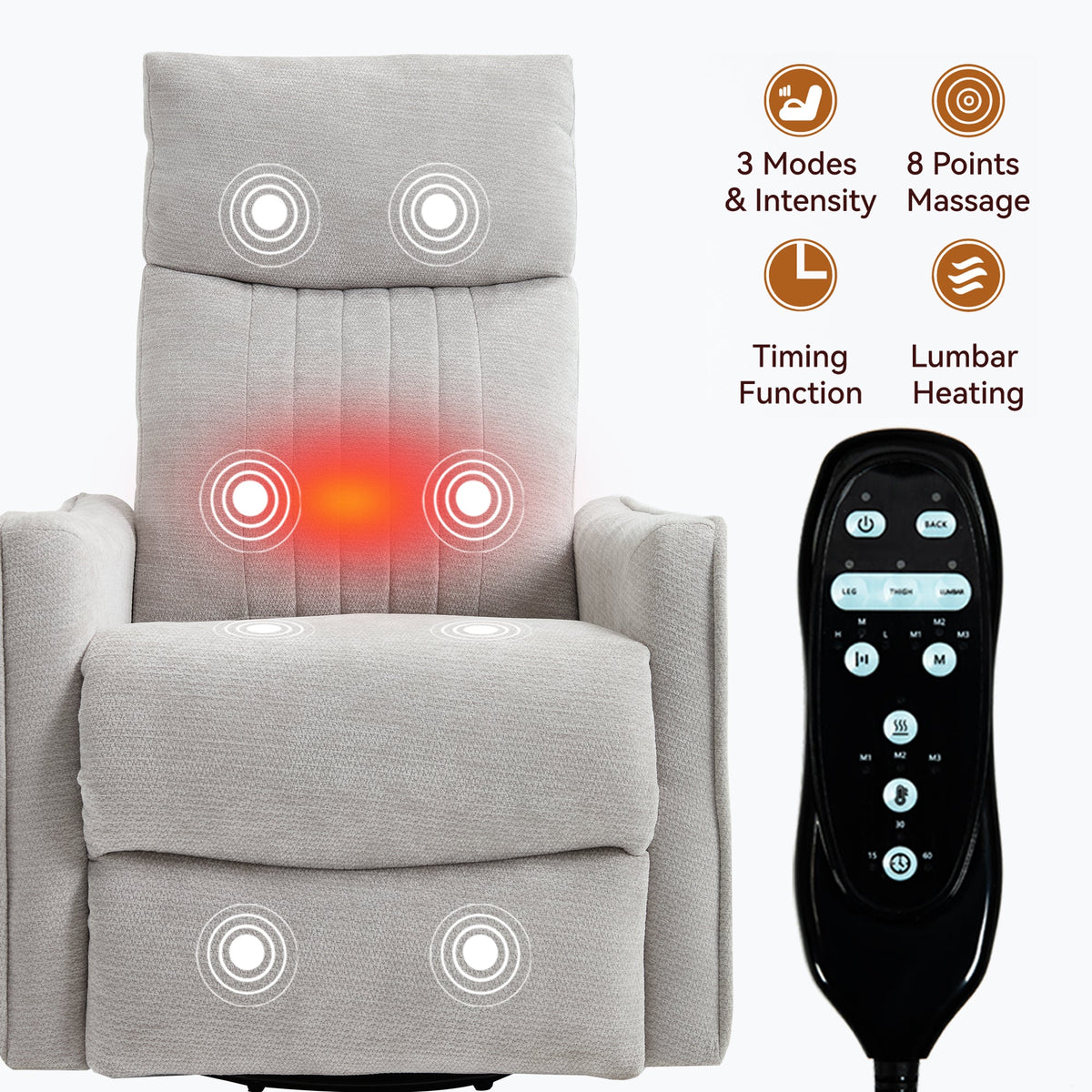 Comfortmax gray fabric swivel recliner by HouseOfZazla with 8-point massage and lumbar heat on Tampa Home & Garden Store